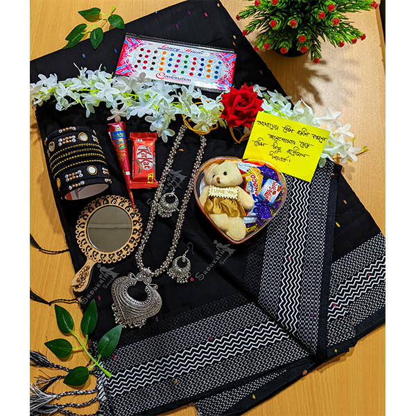 Sari Combo Gift Set - Saree Necklace Earrings Bangles Mehendi Mirror Kitkat Tip Love Chocolate Box