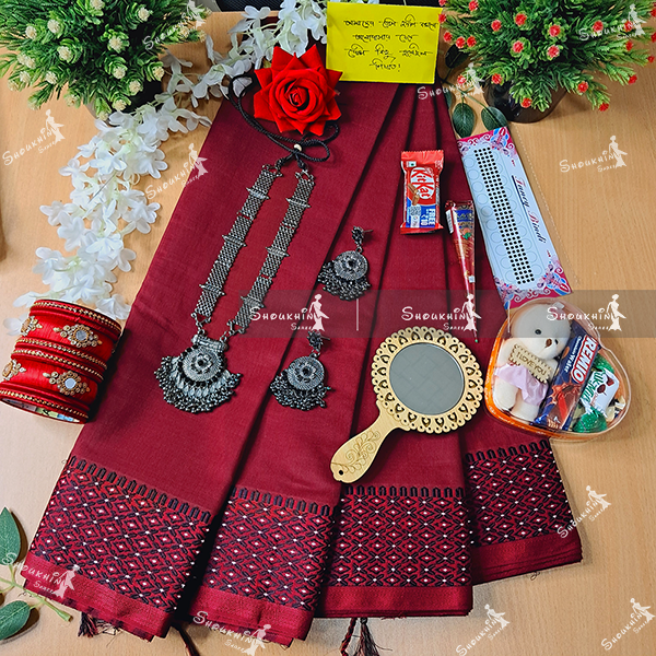 Tangail Saree Combo Set for Women - Sari Churi Necklace Earrings Mirror Kitkat Mehedi Tip Golap Love Chocolate