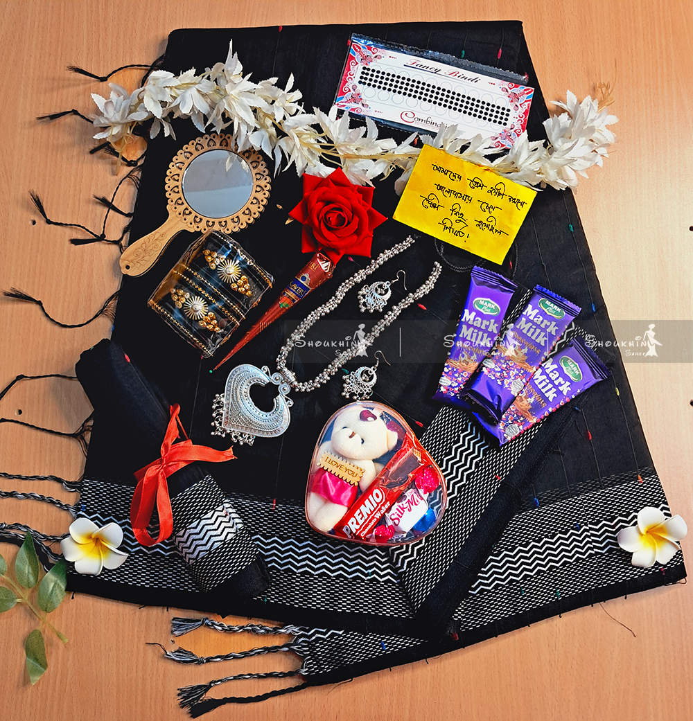 Saree Combo Gift Set with Blouse Pcs - Saree Necklace Earrings Bangles Mehendi Mirror Kitkat