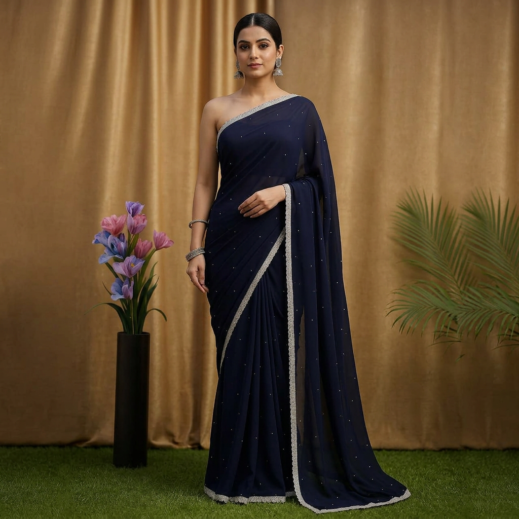 Georgette High Quality Stylish Lace Fitting and Stone Work Saree