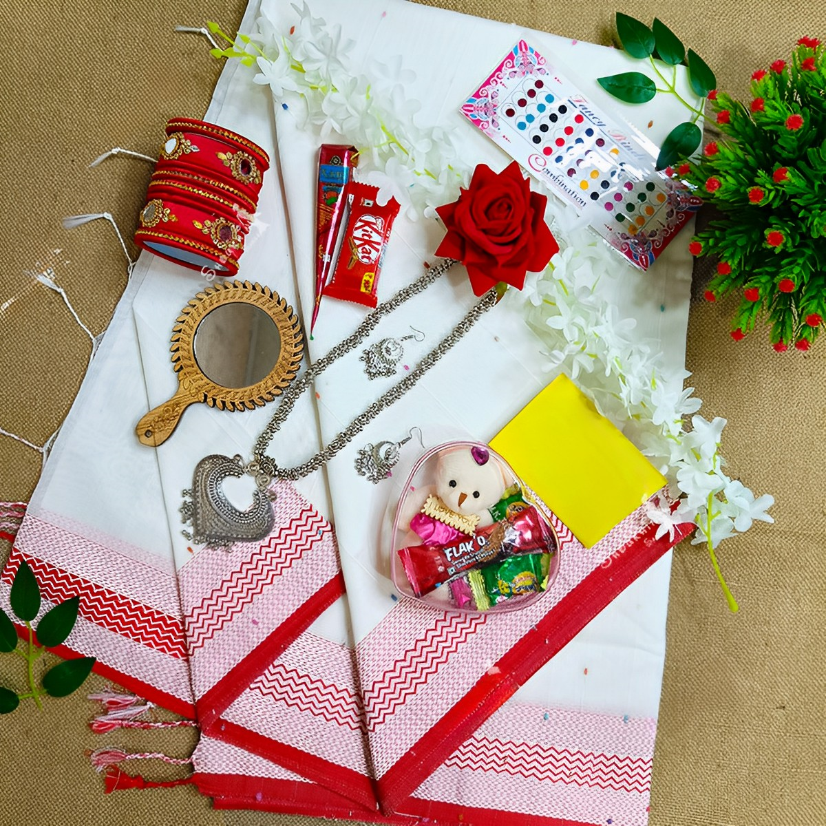Puja Special Sari Combo Gift Set - Saree Necklace Earrings Bangles Mehedi Mirror Kitkat Tip