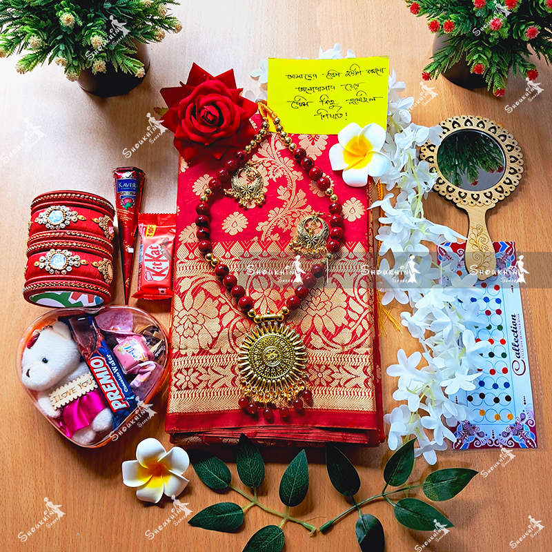 Tangail Katan Saree Combo Gift Set - Sari Churi Necklace Earrings Mirror Chocolate Mehedi Tip Golap