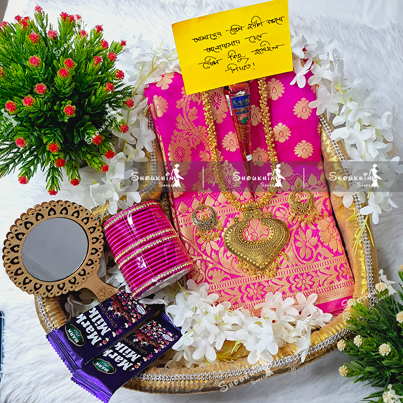Tangail Katan Saree Combo Set for Women - Saree Churi Necklace Gazra Chocolate Mirror