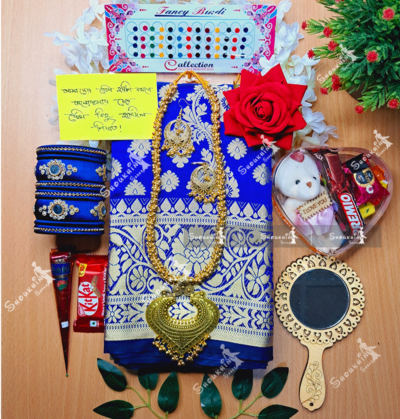 Tangail Katan Saree Combo Gift Set - Sari Churi Necklace Earrings Mirror Chocolate Mehedi Tip Golap
