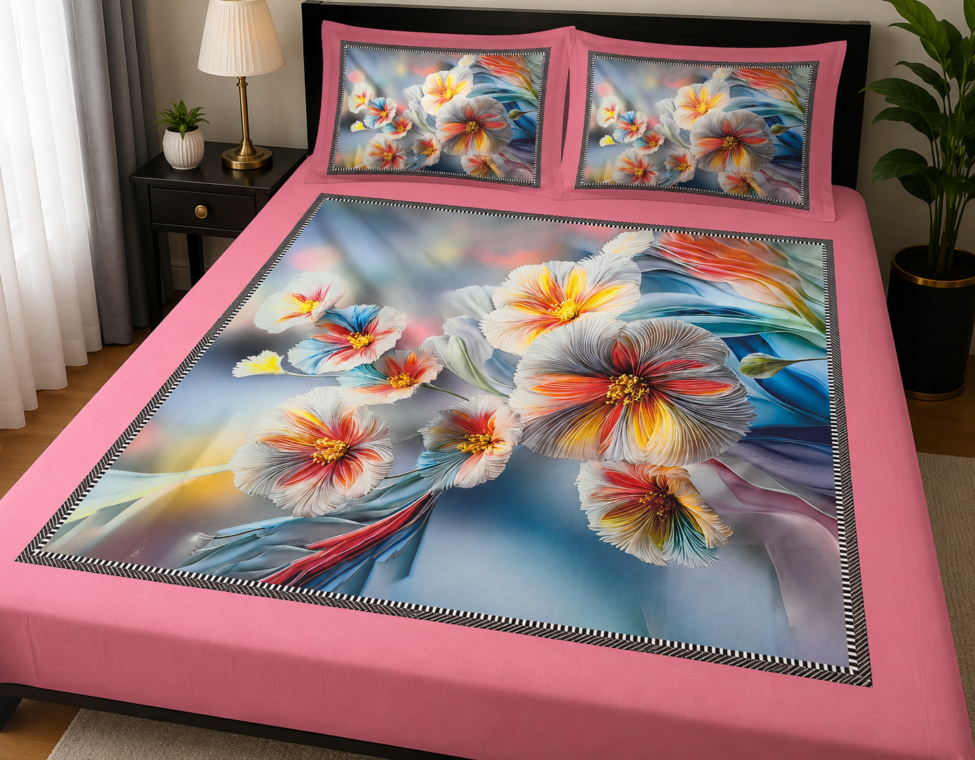 Premium 3D Digital Printed Cotton Bed Sheet Set – Pink Floral Blossom Design (1 Bed Sheet + 2 Pillow Covers)
