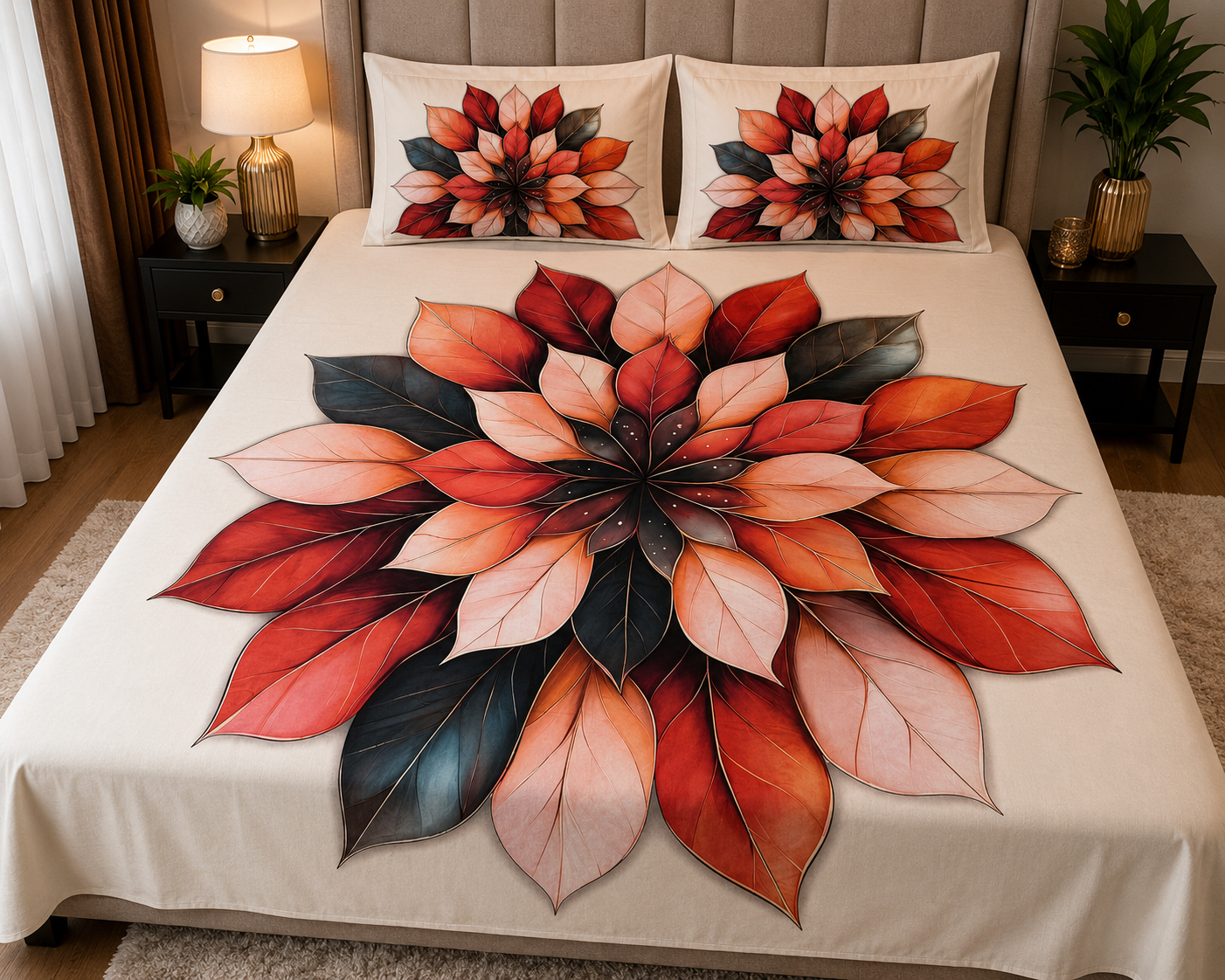 Premium 3D Digital Printed Cotton Bed Sheet Set – Elegant Autumn Leaf Design (1 Bed Sheet + 2 Pillow Covers)