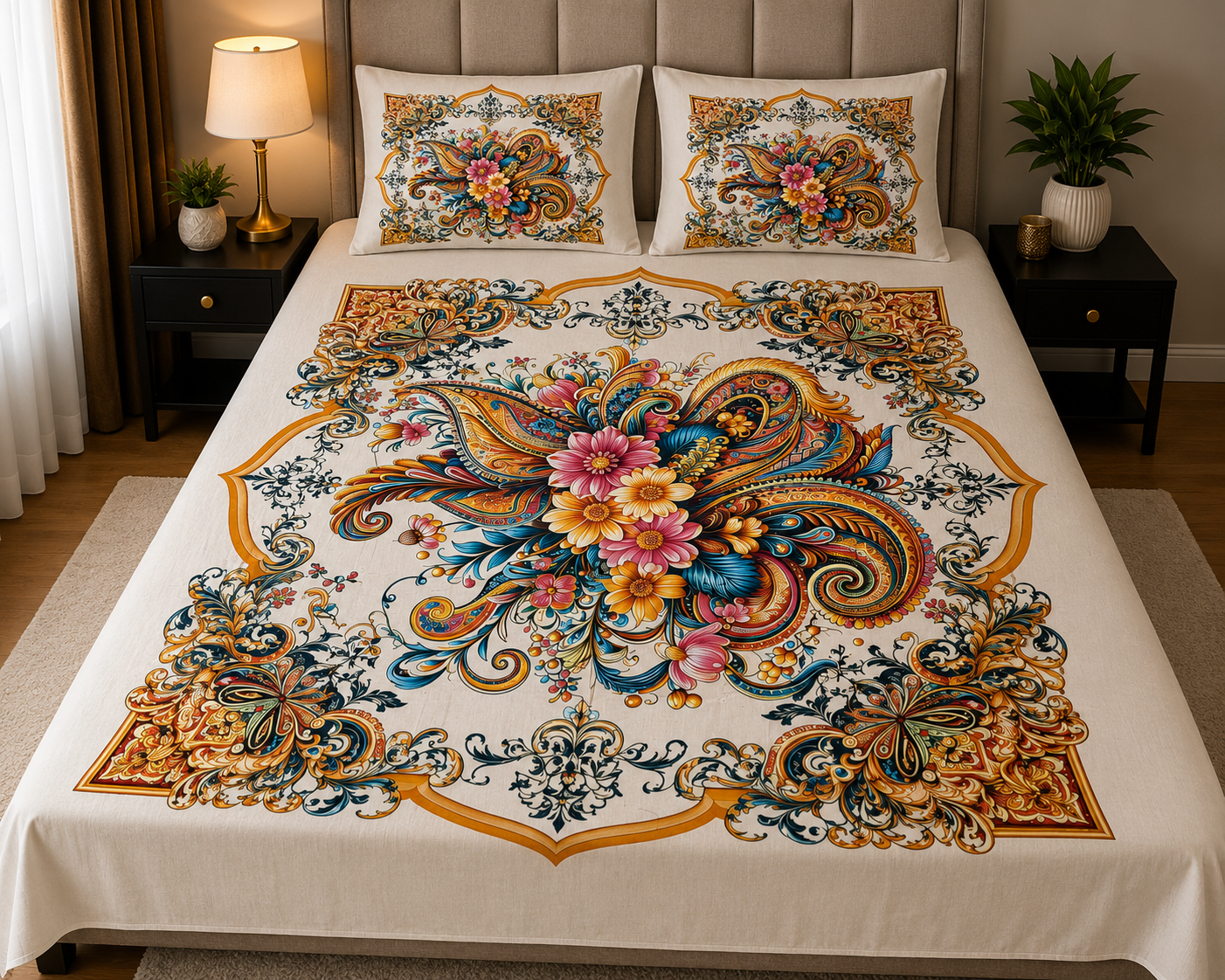 Premium 3D Digital Printed Cotton Bed Sheet Set – Luxury Floral Cream Design (1 Bed Sheet + 2 Pillow Covers)
