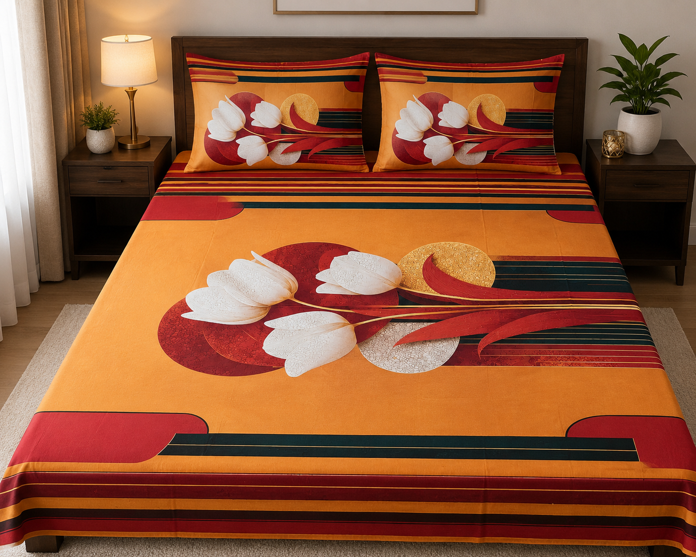 Premium 3D Digital Printed Cotton Bed Sheet Set – Sunset Orange Tulip Design (1 Bed Sheet + 2 Pillow Covers)
