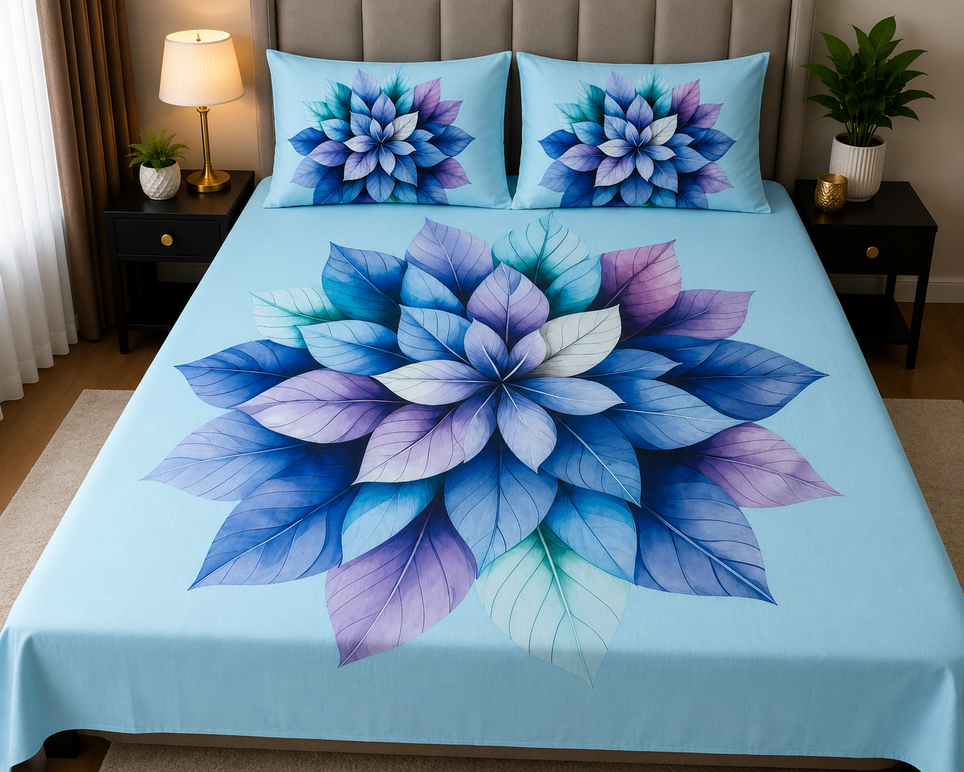 Premium 3D Digital Printed Cotton Bed Sheet Set – Sky Blue Floral Design (1 Bed Sheet + 2 Pillow Covers)