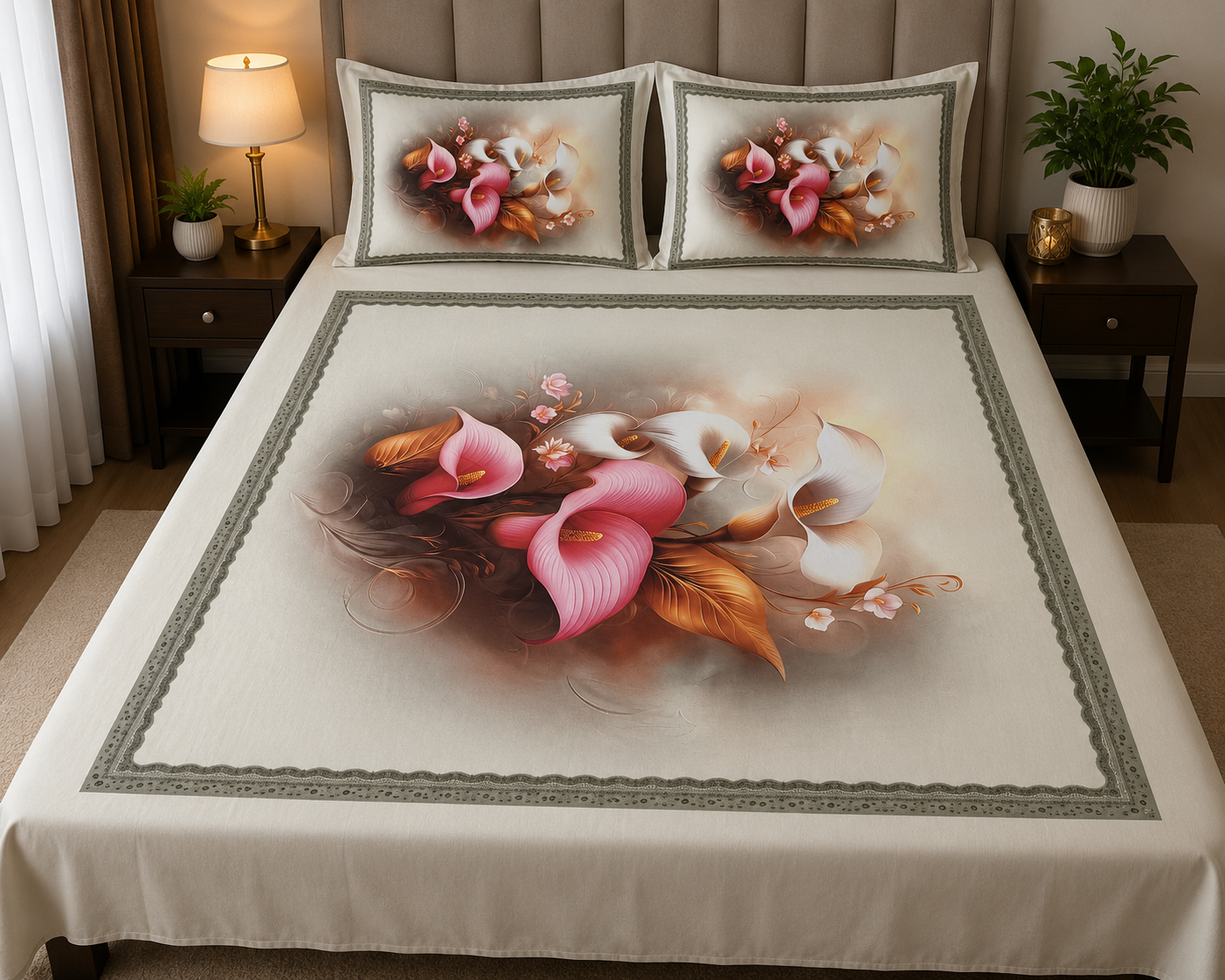 Premium 3D Digital Printed Cotton Bed Sheet Set – Elegant Floral Cream Design (1 Bed Sheet + 2 Pillow Covers)