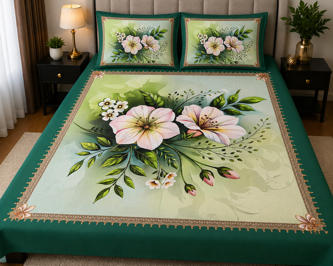 Premium 3D Digital Printed Cotton Bed Sheet Set – Emerald Green Floral Design (1 Bed Sheet + 2 Pillow Covers)