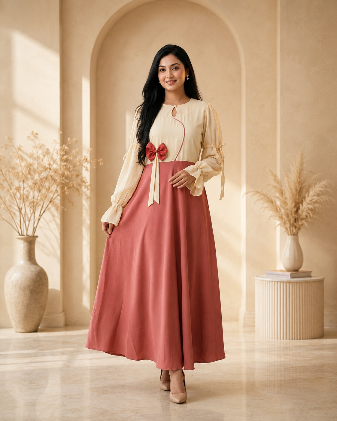 FayaazBD Premium Women's Long Dubai Gown Dress | Cream & Rose Pink | Elegant Casual Wear