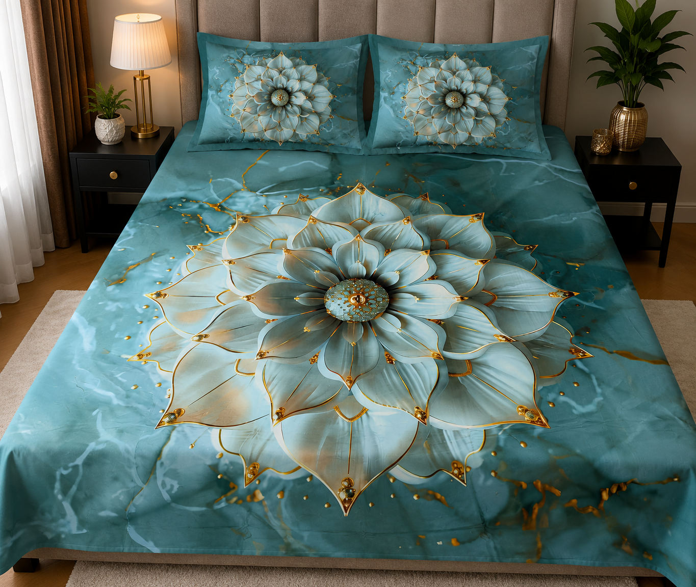 Premium 3D Digital Printed Cotton Bed Sheet Set – Luxury Aqua Blue Lotus Design (1 Bed Sheet + 2 Pillow Covers)